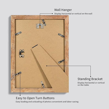 iRahmen 9x12 Picture Frame Set of 2, Rustic Brown Wood Frame with Tempered Glass, Display Pictures 6x8 with Mat or 9 x 12 without Mat for Horizontal or Vertical Tabletop and Wall Mounting