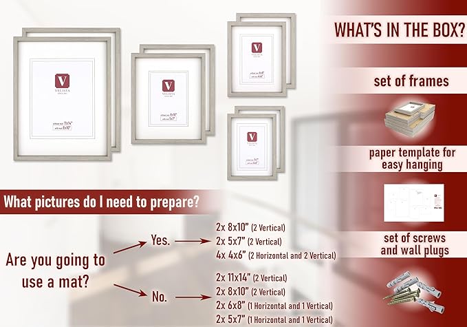 8 Piece Shadow Box Style Gallery Wall Frame Set – Deep Photo Frame Set with Mat for 8x10, 5x7 and 4x6 - Multiple Sizes Picture Frame Set for Wall Collage – Assorted Picture Frames for Wall (Gray)