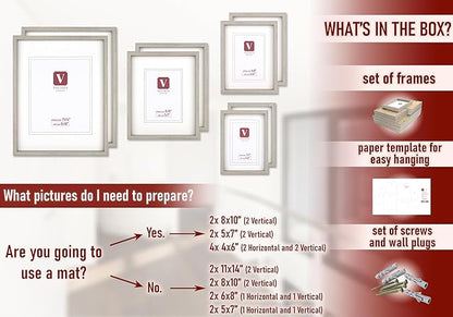 8 Piece Shadow Box Style Gallery Wall Frame Set – Deep Photo Frame Set with Mat for 8x10, 5x7 and 4x6 - Multiple Sizes Picture Frame Set for Wall Collage – Assorted Picture Frames for Wall (Gray)