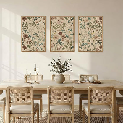 Aryroi Vintage Neutral Floral Earth Tone Botanical Framed Canvas Wall Art Set,Boho Abstract Classic Wildflower Aesthetic Wall Decor,Mid Century Modern Flower Artwork for Living Room Office- 24"x36"x3