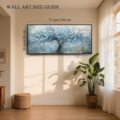 crmotu Tree of Life Wall Art, Large Wall Decor Living Room, Black Framed Wall Art, Cherry Blossom Tree Painting Prints, Modern Japanese Aesthetic Artwork, Blue Big Pictures for Office Hotel 32"x71"