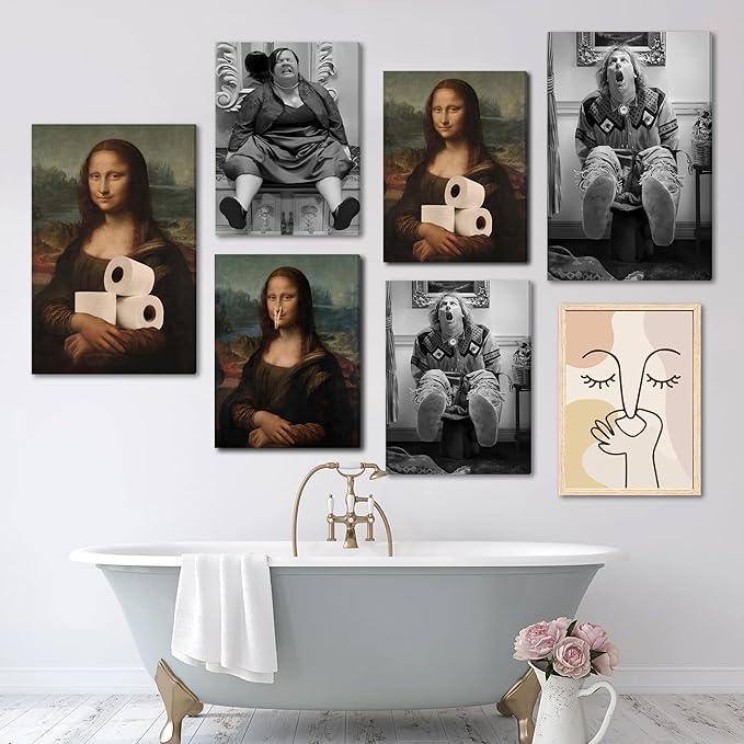 FWAHREN Funny Boho Bathroom Decor Wall Art, Framed Modern Abstract Minimalist Face Line Art Pictures Wall Decor for Restroom Office Living Room Bedroom, Neutral Beige Canvas Print Artwork, 12x16in