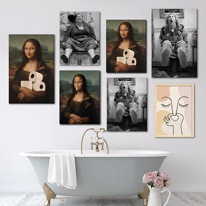 FWAHREN Funny Mona Lisa Bathroom Canvas Wall Art, Framed Vintage Painting Pictures Artwork, Black and White Mona Lisa with Clothespin Nose Poster Wall Decor for Restroom Toilet, Wrapped Canvas 12x16in