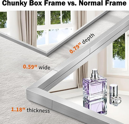 CIRCUMI 60"x40" Brushed Silver Mirror with Chunky Box Metal Frame, Bathroom Mirror for Vanity Remodel & New Home, Living Room, Entryway, Rectangular Wall Mirror, Tempered Glass, Vertical or Horizontal