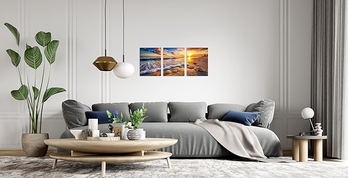 TutuBeer 3 Panels Beach Picture Beach Wall Art Blue Sea Sunset with Starfish Ocean Canvas Painting Sea Artwork for Walls Seascape the Pictures for Home Decor Wall Decor Ready to Hang 16x32inchx3