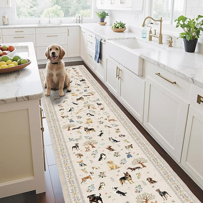 Dog Runner 2x10 Beige, Floral Carpet Non-Slip Washable Rug Ultra-Thin Soft for Hallways, Kitchen Mat Stain Resistant for Entryway Bathroom