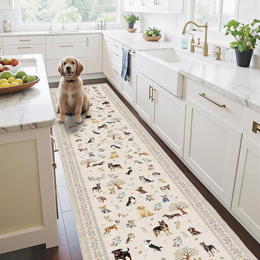 Dog Runner 2x10 Beige, Floral Carpet Non-Slip Washable Rug Ultra-Thin Soft for Hallways, Kitchen Mat Stain Resistant for Entryway Bathroom