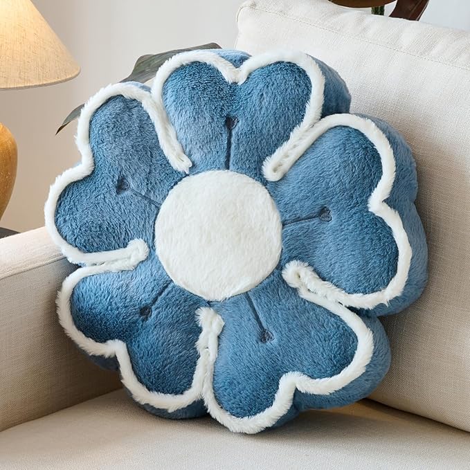 Flower Shaped Decorative Throw Pillow Cushion for Bed Couch, Cute Flower Plush Throw Pillows Home Decor Floor Pillow Seating Cushions (Grey Blue, 13.7 Inches)