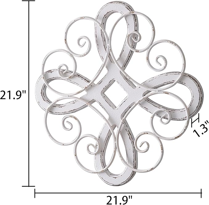 Sintosin Vintage Wrought Iron Wall Decor 22 Inch, Hanging Distressed White Farmhouse Wood and Metal Wall Art Decor, Rustic Medallion Home Wall Decor for Living Room Bedroom Entryway Hallway