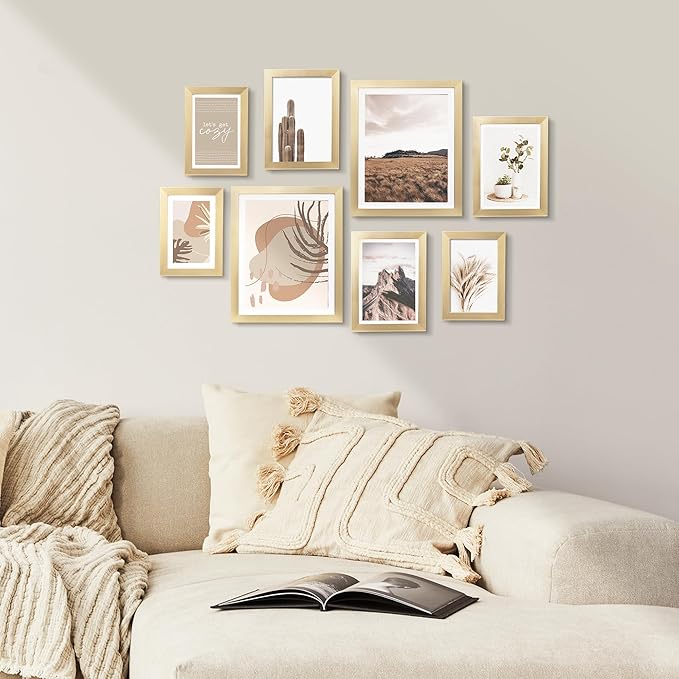 ArtbyHannah Gallery Wall Frame Set,Gold Picture Frames Collage Wall Decor with Neutural Art for Living Room Stariway,8 Pack Assorted Size 8"x10",5"x7",4"x6", Small