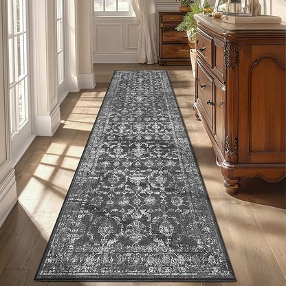 3x10 Black Runner Rug Hallway Washable Area Rugs Kitchen Vintage Boho Non Slip Long Rug Floral Carpet Indoor Retro Soft Low Pile Throw Rug for Bedroom Bathroom Laundry Dining Living Room Office