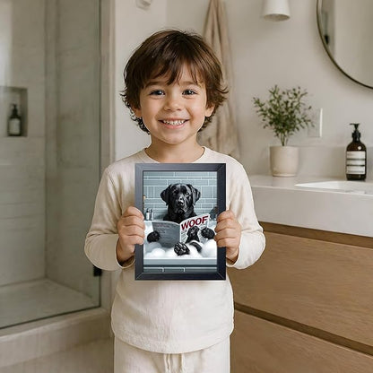 Framed Funny Dog Bathroom Canvas Wall Art, Black Labrador Reading Newspaper in Bathtub Poster Painting Print Picture, Humorous Animal Wall Decor for Modern Farmhouse Toilet Restroom Washroom 8x10 Inch