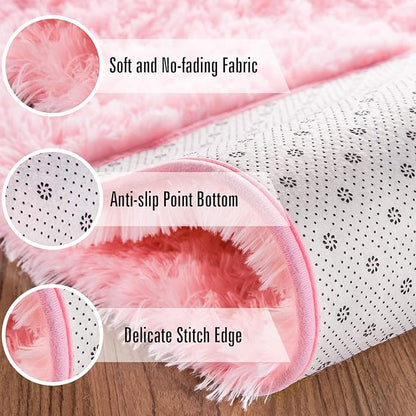 Andecor Soft Fluffy Bedroom Rugs, 3 x 5 Feet Indoor Shaggy Plush Area Rug for Boys Girls Kids Baby College Dorm Living Room Home Decor Floor Carpet, Pink