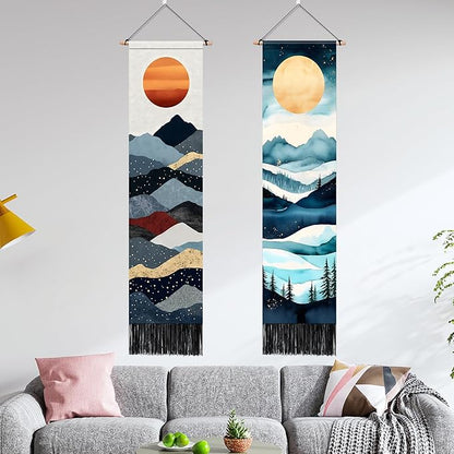 AOHMPT Pack of 2 Long Vertical Tapestry,Nature Landscape Tapestry with Serene Mountain River, Moon & Sun Motifs,Traditional Ink Painting Wall Art,Zen Aesthetic Wall Hanging for Living Room Bedroom Decor 13" W x 51" H"