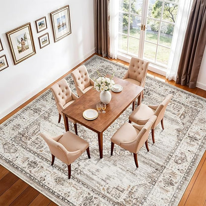12x12 Square Area Rug: 12ft Square Washable Living Room Rugs Ultra Thin Soft Oriental Non-Slip Backing Farmhouse Rug Low Pile Thin Stain Resistant Indoor Carpets, 12' x 12' Beige