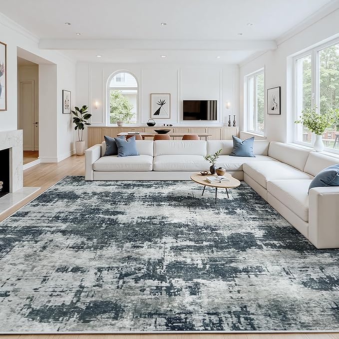 Area Rug 10x14 Living Room Rug Washable: No-Slip Abstract Soft Thin Large Black Rugs, Indoor Floor Stain Resistant Modern Carpet for Bedroom Dining Room Farmhouse Nursery Home Office (Black, 10'x14')