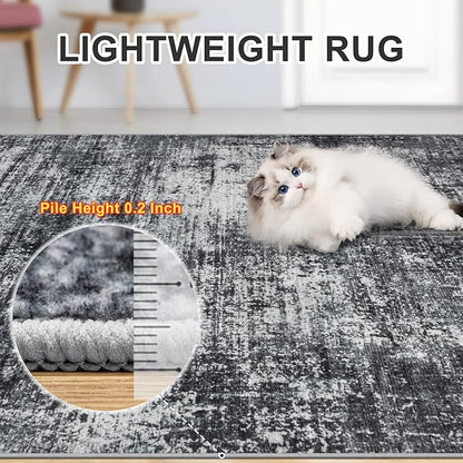 8x10 Area Rugs for Living Room - Washable Rug Modern Abstract Soft Large Neutral Non-Slip Carpet Indoor Floor Thin Carpets for Bedroom Dining Room Farmhouse Nursery Home Office Dark Black