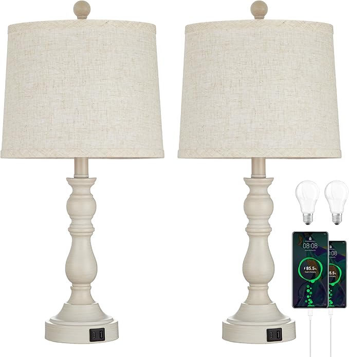 Farmhouse Side Table Lamps for Living Room Set of 2 with USB C+A Ports, Bedside Lamp for Bedroom, Dining Room Decor, Office, End Table, Knob Switch, 3 Color Temperatures, Bulb Included, Beige