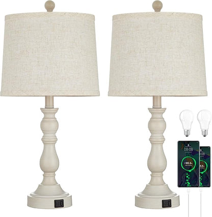 Farmhouse Side Table Lamps for Living Room Set of 2 with USB C+A Ports, Bedside Lamp for Bedroom, Dining Room Decor, Office, End Table, Knob Switch, 3 Color Temperatures, Bulb Included, Beige