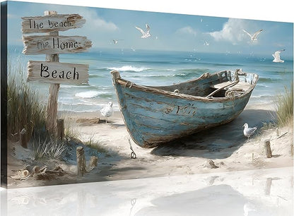 TutuBeer 1 Panel Coastal Bathroom Canvas Wall Art Nautical Boat on Beach Canvas Picture Ocean Seagull Seascape Prints for Wall Sea Bird Farmhouse Artwork for Bedroom Living Room Decor 8"x16"