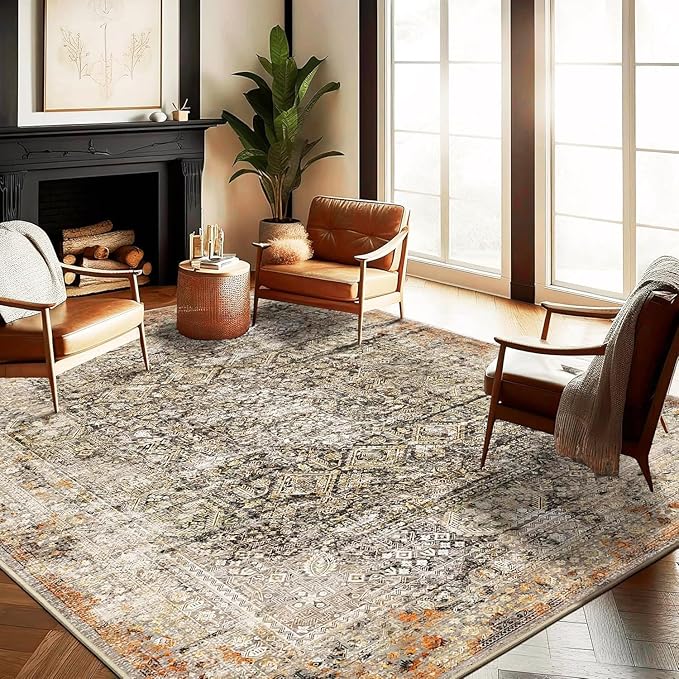 CHAMPLANT Area Rug 10'x14' Washable Vintage Traditional Mat Distressed Indoor Foldable Thin Retro Accent Floral Print Non Slip Carpet for Living Room Dining Room Office Large Rugs
