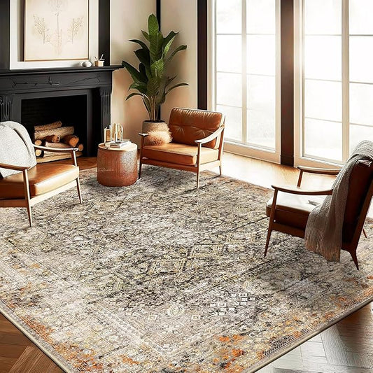 CHAMPLANT Area Rug 10'x14' Washable Vintage Traditional Mat Distressed Indoor Foldable Thin Retro Accent Floral Print Non Slip Carpet for Living Room Dining Room Office Large Rugs