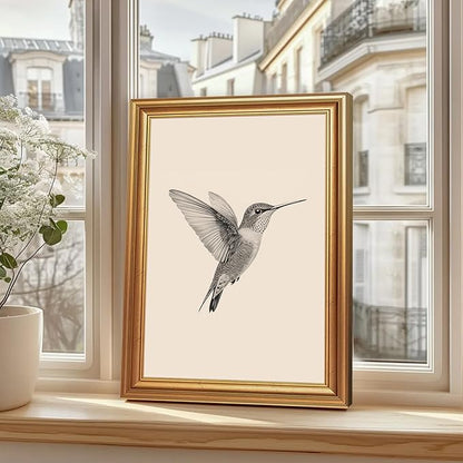 JLTULT Gold Framed Hummingbird Wall Art, Vintage Black White Sketch Wall Decor, Hummingbird Illustration Art Prints for Living Room Bedroom Office 12x16 Inches with Fade-Resistant Easy to Hang