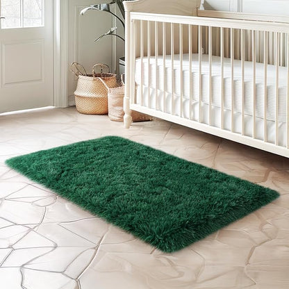 qulint Green Rug for Bedroom, Soft Fluffy 2x3 Area Rug for Living Room Shag Fuzzy Small Carpet for Kid Room, Plush Shaggy Alfombra for Boys and Girls Dorm Room Home Decor (2ft x 3ft, Dark Green)
