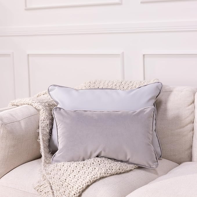 FDP 12" x 20" Velvet and Vinyl Rectangle Lumbar Pillow Set with Piping Decorative Throw Pillow for Home Décor in Living Room, Bedroom or Lounge (2-Pack) - Sterling, 15163-344