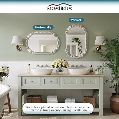 Farmhouse Boho Beaded Oval Arched Wall Mirror, 24" x 48" Rustic Wooden Large Wall Mirror for Bathroom, Bedroom, Entryway, Living Room, Hang Horizontally or Vertically.