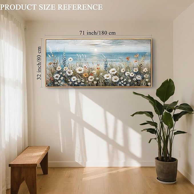SERIMINO Floral Wall Decor, Extra Large Wall Art for Living Room, Coastal Wall Art, Framed Artwork for Walls, Sunrise Landscape Big Canvas Prints, Daisy Flower Painting Office Hotel Hallway 32"x71"