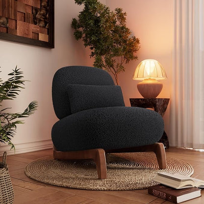 Morden Fort Sherpa Boucle Chair Single, Tilted Modern Wood Chair with Thick Cushion Comfortable Lumbar Pillow Armless Reading Accent Chair Compatible with Sofa Set Couch for Living Room, Black