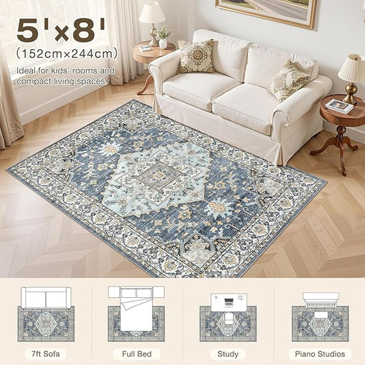 5x8 Washable Area Rugs for Living Room: Non Slip Vintage Blue Yellow Rug, Large Soft Stain Resistant Indoor Floor Carpets for Bedroom Dining Room Nursery Home Office Kid & Pet Friendly