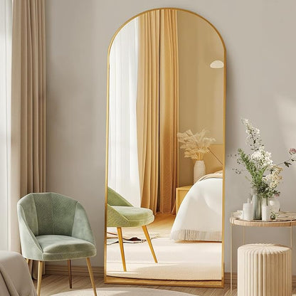 Sweetcrispy 64"x21" Arched Full Length Mirror, Full Body Mirror with Aluminum Alloy Thin Frame, Leaning or Standing, Suitable for Bedroom, Livingroom, Cloakroom, Gold
