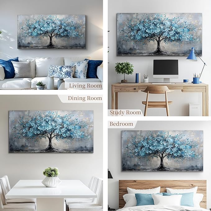 crmotu Tree of Life Large Wall Art for Living Room, Cherry Blossom Abstract Canvas Art Prints, Blue Flowers Tree Pictures Wall Decor, Nature Plant Modern Bedroom Bathroom Office Decor 29"X57"