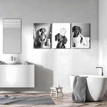 Funny Dachshund Dog Wall Art Set of 3, Dachshund Bathroom Wall Decor Paintings, Black and White Dog Pictures Animal Canvas Posters Prints for Bathroom Restroom Home Decor Framed 16x24 Inch