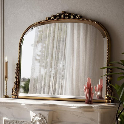 Wall Beaded Mirror, 44 x 32 Inch Round Top Right Angle Wall Mirror, Tempered Glass, Rust Resistant, Horizontally or Vertically Hanging, Gold