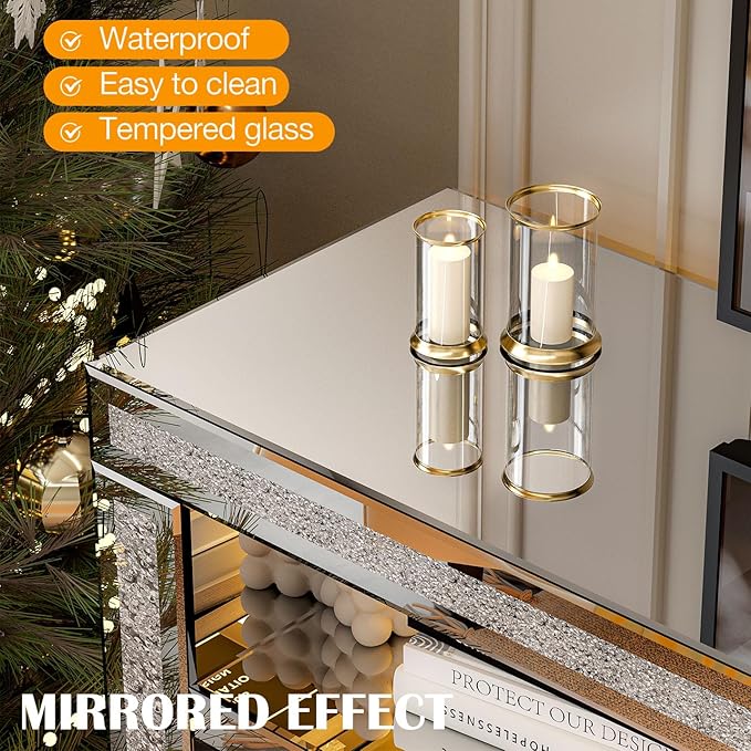 Mirrored Fireplace TV Stand with LED, Silver TV Console Table with Crushed Diamond for 65+ inch TV, Modern Media Entertainment Center with Storage for Living Room