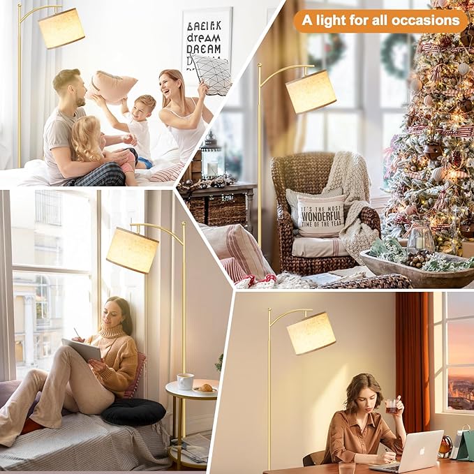 Ambimall 60" Gold Floor Lamp with Remote Control and Stepless Dimmable Bulb, Colors Temperature & Brightness Adjustable, Modern Floor Lamps for Living Room, Beige Shade & Gold Pole