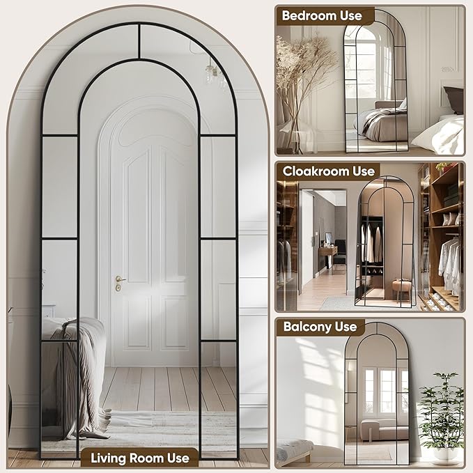 Antok 76" x 34" Full Length Mirror, Floor Mirror Arched Window Decorative Mirror, Metal Framed Decor Farmhouse Floor Mirrors Art Pane Mirrors Wall Decor for Bedroom, Living Room, Entryway Black