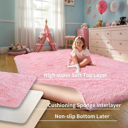 KICHOWUA Thick Area Rug 5x7 Pink Fluffy Shag – Ultra Soft Plush Fuzzy Washable Thickened Non-Slip Fuzzy Carpet for Girls Bedroom Living Room, Modern Furry Shaggy Rug for Kids Nursery Boys Dorm Room