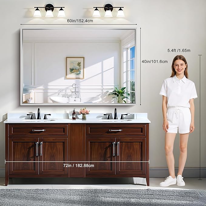 CIRCUMI 60"x40" Brushed Silver Mirror with Chunky Box Metal Frame, Bathroom Mirror for Vanity Remodel & New Home, Living Room, Entryway, Rectangular Wall Mirror, Tempered Glass, Vertical or Horizontal
