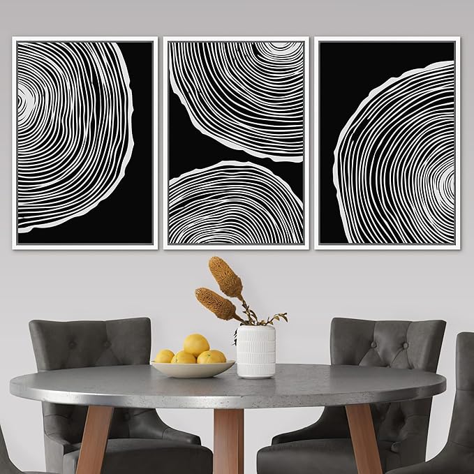 SIGNLEADER Framed Canvas Print Wall Art Set Duotone Geometric Wood Ring Circle Collage Abstract Shapes Illustrations Modern Art Boho Decorative for Living Room, Bedroom, Office - 24"x36"x3 WHITE