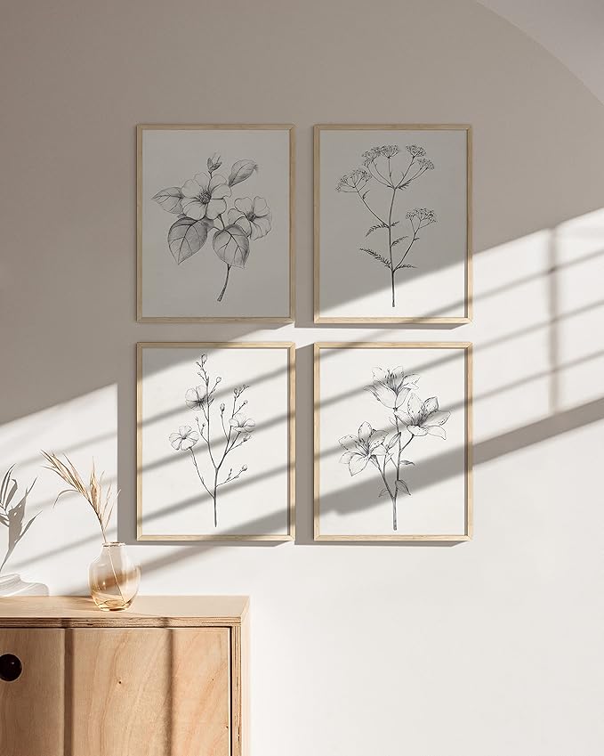 HAUS AND HUES Grey Floral Wall Art - Set of 4 Plant Posters for Wall Vintage, Botanical Prints, Black and White Flower Pictures for Room Aesthetic, Farmhouse Bathroom, Rustic Art (16x20, Unframed)