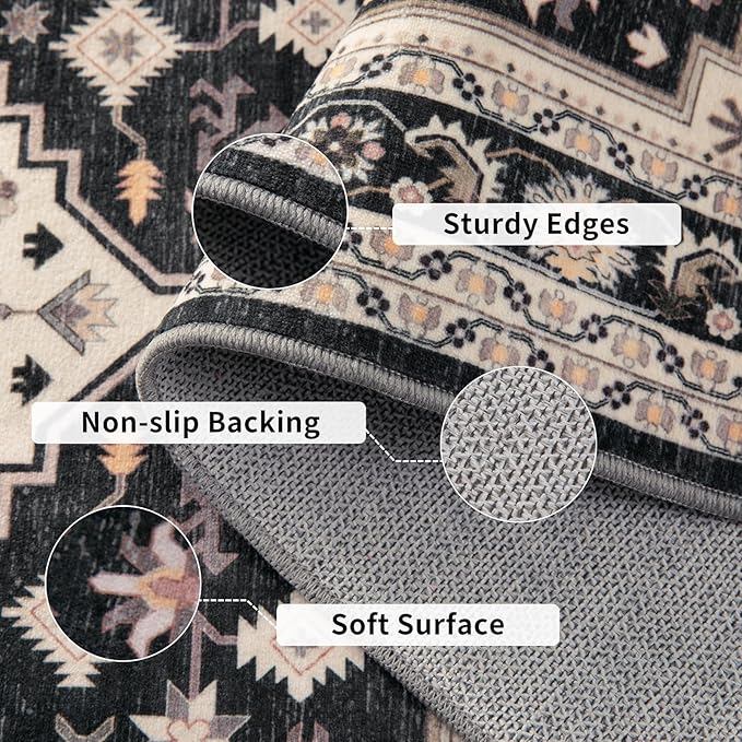 Tangsoo 4x6 Area Rug for Living Room,Boho Washable Non-Slip Throw Rug Black and Gold Low Pile Indoor Area Rugs,Vintage Soft Carpet for Entrance Bedroom Bedside Office Decor