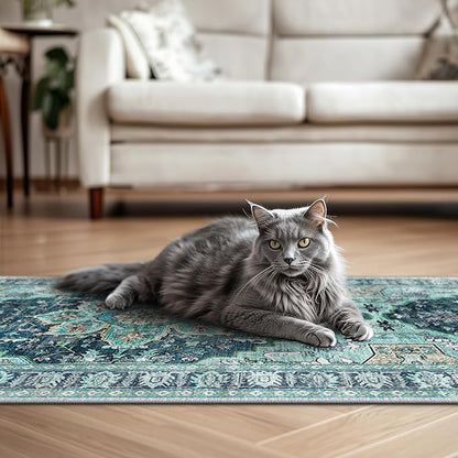 BESTSWEETIE 2x3 Area Rug Washable Rugs for Living Room, No Pile Boho Carpet for Entryway Bedroom Dinning Room, Vintage Carpet Print Distressed Non-Slip, 2 x 3 ft, Teal Dark Green