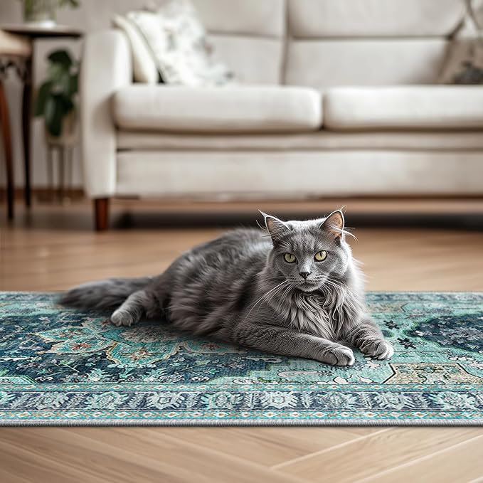 BESTSWEETIE 2x10 Area Rug Washable Rugs for Living Room, No Pile Boho Carpet for Entryway Bedroom Dinning Room, Vintage Carpet Print Distressed Non-Slip, 2 x 10 ft, Teal Dark Green