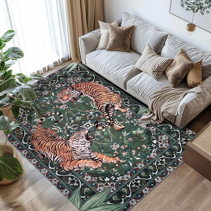 Tiger Washable Area Rugs 6x9 Green, Boho Accent Jungle Rugs for Living Room, Soft Bedroom Area Carpet, Thin Botanical Floor Carpets for Dining Room Nursery Dorm Kids Playroom Farmhouse Office
