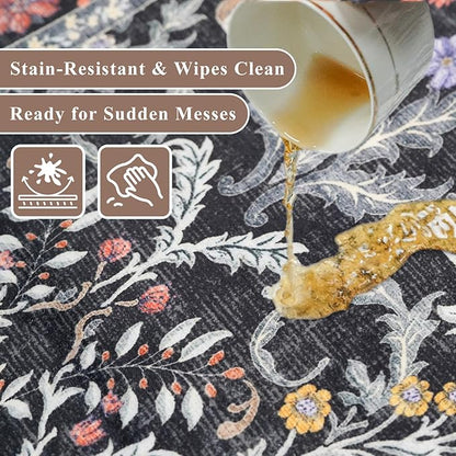3x10 Botanical Hallway Runner Rug - Non-Slip Washable Long Kitchen Entryway Carpet Runner with Rubber Backing, Boho Floral Soft Low Pile Stain-Resistant (Vibrant Black)