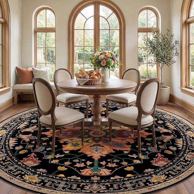 RELEANY Area Rugs Round 8ft Washable Non-Slip, Floral Vintage Distress Print Pattern Medallion Carpet for Living Room Bedroom Dining Room, Black Colorful Floral Dark Tan